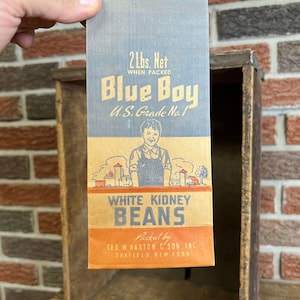 Vintage &quot;Blue Boy&quot; Bean Paper Bag - Farmhouse General Store Advertising Decor - Oakfield New York