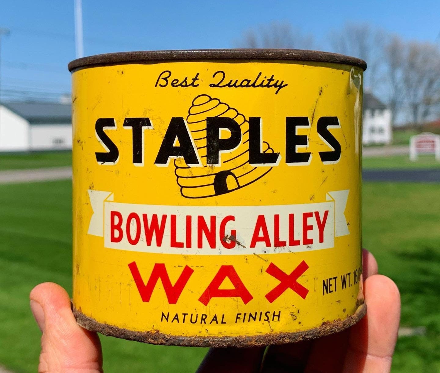 Staples Bowling Alley Wax Can Vintage Advertising Tin Bee Hive