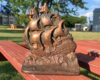 Antique Cast Iron Bookend - Clipper Ship - Ornate Nautical Decor - Rustic Home Decor