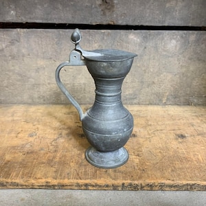 Antique Pewter Lidded Jug - Miniature Pitcher Acorn Finial Design - Art Deco Style