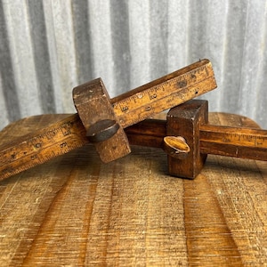 TWO Antique Wood Scribe Ruler Tools - Vintage Stanley Tools - Rustic Primitive Measuring Devices