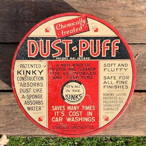 Vintage Dust Puff Tin Canister - Automobile & Furniture Polish - Decatur Illinois - Antique Advertising