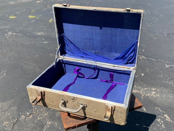 Vintage Aluminum Suitcase Briefcase - Blue Interior - Retro