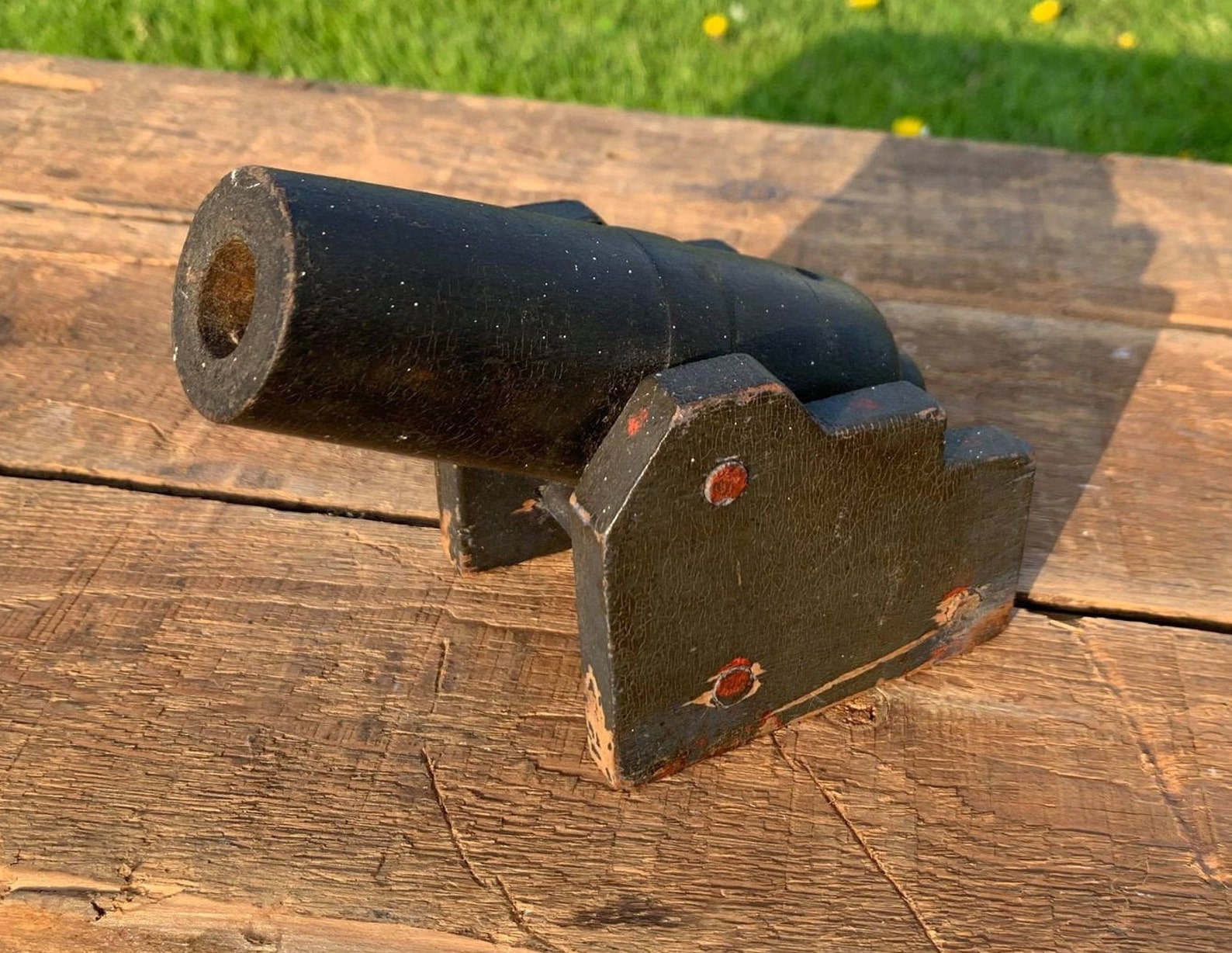 Antique Handmade Wood Cannon Folk Art Crackled Paint Rustic Militaria