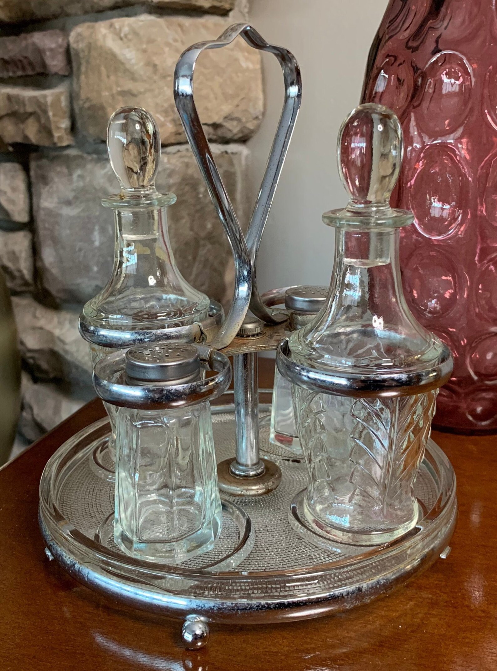 Vintage Condiment Caddy Cruet Chrome Stainless Steel and Glass Server