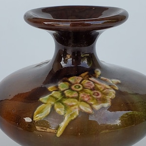 Weller Art Pottery Brown High Glaze Sprigged Art Pottery vase - Standard Glaze - Floral Design - Squat Bottle Vase Design - 5&quot;