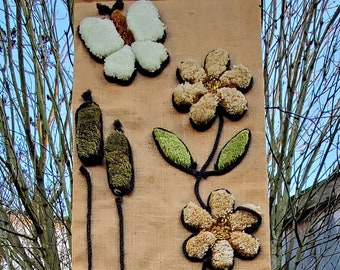 Vintage Butterfly and Mod Flower - Latch Hook on Burlap Wall Art