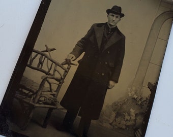 Antique Tin Type Photograph - Man In Long Jacket With Rustic Twig Chair Bench - Photo Studio Prop