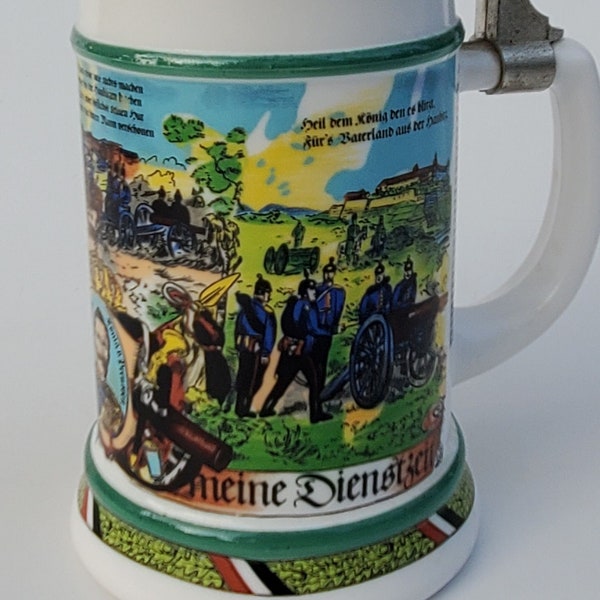 BMF Bierseidel Regimental German Stein Erinnerung an Meine Dienstzeit - Kaiser Wilhelm - Fancy Pewter Lid - Soldiers On Horseback - Canons