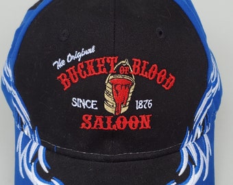 Bucket of Blood Virginia City Nevada Truckers Cap - Blue And Black With Flames Design - Port Authority Issue - 100% Cotton - Nevada Ball Cap