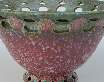 Roseville Ferella Large Art Pottery Bowl - Berry Frost Red Glaze - 1931 - 8.75"