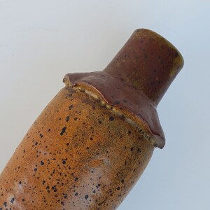 May include: A brown ceramic vase with a speckled glaze and a wide, uneven opening. The vase has a rustic, handmade look.