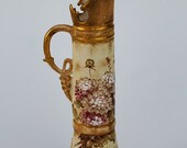 Amphora Turn Teplitz RStK - Large Fancy Gold Ewer Pitcher - Bohemian - Pink And White Floral Decoration