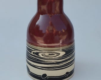 Rachael Depauw Studio Pottery Vase - Sgraffito Carved Surface Decoration - New Orleans Louisiana Studio Potter - Deep Red Glaze - 6"