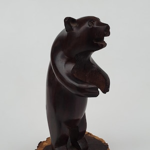Carved Ironwood Standing Bear Sculpture On Wooden Base - Nice Detail - 8.25"