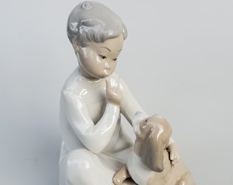 Llardo Porcelain Figure Boy With Dog - Model 4452 - Vicente Martinez Designer - Retired - Nice Detail - 7.5"