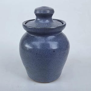 May include: A small, rounded ceramic jar with a matching lid, featuring a speckled, matte blue glaze. The jar has a wide, curved body that tapers toward the base and a prominent, knob-style handle on the center of the lid, creating a uniform look.