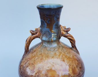 Bill Cambell Large Handled Studio Pottery Vase - Gold Crystalline Glaze With Blue Drip Glaze - Cambridge Springs PA Potter - 12.25"