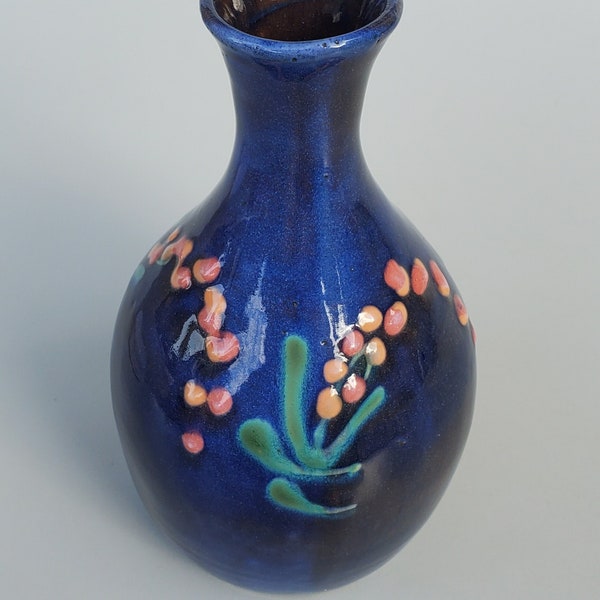 Earthworks Decorated Studio Pottery Vase - Glossy Blue Vase With Pink Blossom Design - Made In Barbados - 7.75"