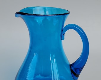 Blenko Art Glass Pitcher - Shape 546 - Turquoise Blue Coloration - Thick Hand Applied Handle - Wayne Husted Design - MCM Glass - 9.875"