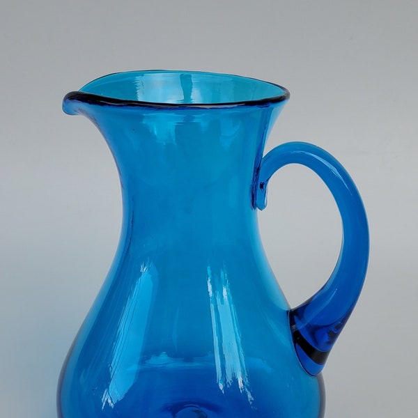 Blenko Art Glass Pitcher - Shape 546 - Turquoise Blue Coloration - Thick Hand Applied Handle - Wayne Husted Design - MCM Glass - 9.875"