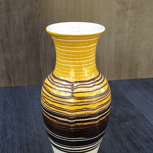 Royal Haeger Gold Lava Mid Century Style Pottery Vase - Gold And Brown Linear Design - Circa 1979 Era - 10&quot; - MCM