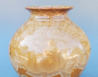 Bill Campbell Studio Pottery Huge Gold Crystalline Glazed Pottery Vase - Large Gold Crystals - Cambridge Springs, PA Potter - 12"