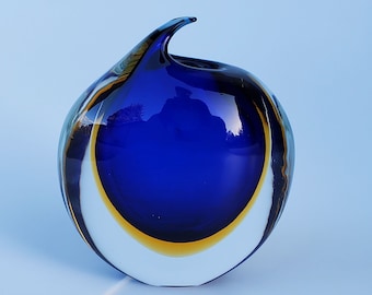 Murano Art Glass Vase - Sommerso Italian Tripled Cased Art Glass Vase - Blue - Yellow - Clear - Unique Design