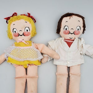 Vintage Campbell Kids Dolls - 1960&#39;s Era - Made in Britian - Pair Of Campbell Soup Kids Novelty Cloth Dolls - Original Old Outfits - 16&quot;