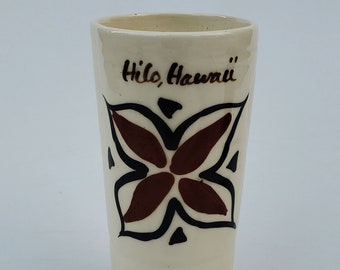 Hilo Hawaii Vintage Ceramic Tiki Mug - Hand Painted Brown And Black Flower Design - 6.25" - Embossed Flower Design Cup or Glass