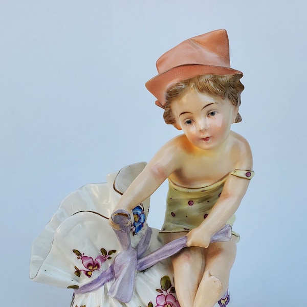 German Bisque Schutz Marke Victorian Girl Atop a Fancy Pansy Flower Bag Decorative Vase - Polka Dot Dress