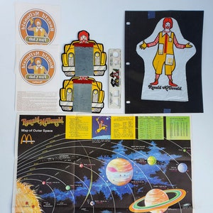 Vintage Ronald McDonald Happy Meal Promo 7 Piece Set - Moon Map - Puppet - Fun Club Iron On T Shirt Patch - Ruler - On The Go Slate Board