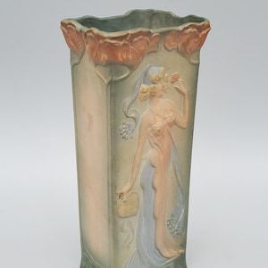 Early Weller Pottery L&#39;Art Nouveau Large Pottery Vase - Standing Art Nouveau Maiden Design With Flowers + Long Stems - Circa 1903-04 - 16&quot;