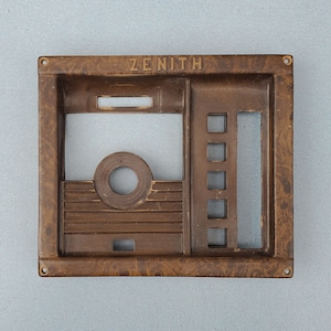 Vintage Zenith Radio Face Plate Dial Indicator Plate - Push Button Slots - Dial Slot - Brown Mottled Finish - Radio Restoration Part