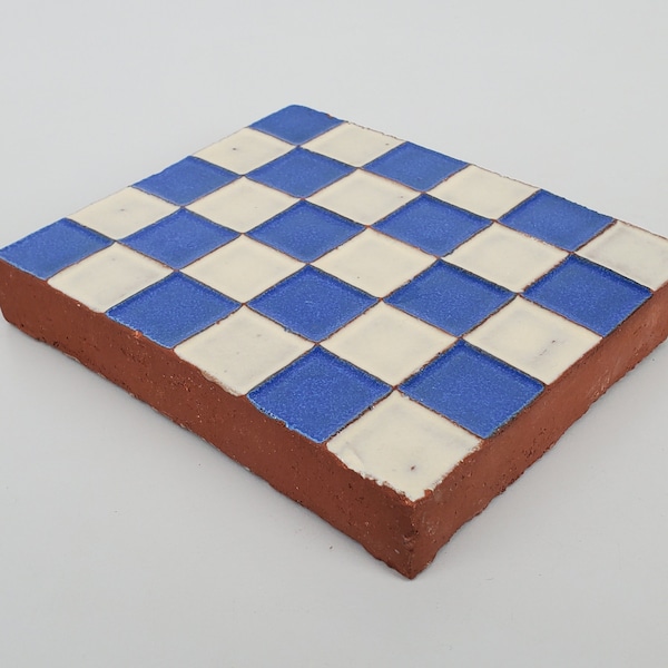 Vintage Gladding McBean Pottery Tile - Thick Red Clay - Blue And White Checkerboard Pattern - GMcB Stamped Mark - Old California Tile - 6x5