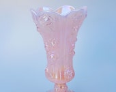 Fenton Iridescent Pink Glass Cabbage Rose Design Goblet Vase - Ribbed Footed Vase - 9 quot - Fenton Art Glass
