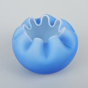 Fenton Cased Blue Satin Hand Blown Art Glass Bowl - Ruffled Crimped Rim Design - White Interior Color - 3&quot;