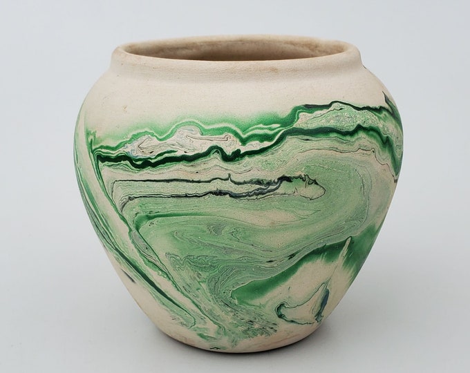 Nemadji Pottery Art Pottery Vase Green With Blue Swirl Tones Signed