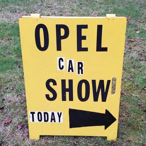Opel Car Show Vintage Wooden A Frame Wooden Sign - Yellow With Black Lettering And Arrows - Carry Handles - 24&quot; x 32&quot; - Vintage Opel Cars