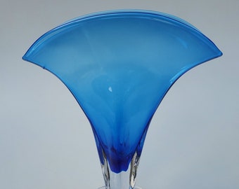Large Blenko Art Glass Fan Vase - Model 872 - Blue With Clear Footed Base - Mid Century Style Fan Vase - Angular Base - 12"