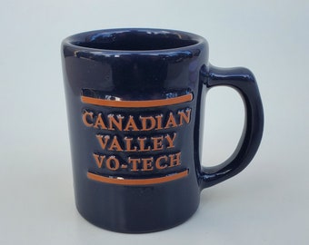Frankoma Art Pottery Novelty Coffee Mug - Canadian Valley Vo-Tech - Deep Blue Glaze - El Reno Oklahoma Technology School - 4"