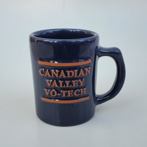 Frankoma Art Pottery Novelty Coffee Mug - Canadian Valley Vo-Tech - Deep Blue Glaze - El Reno Oklahoma Technology School - 4"