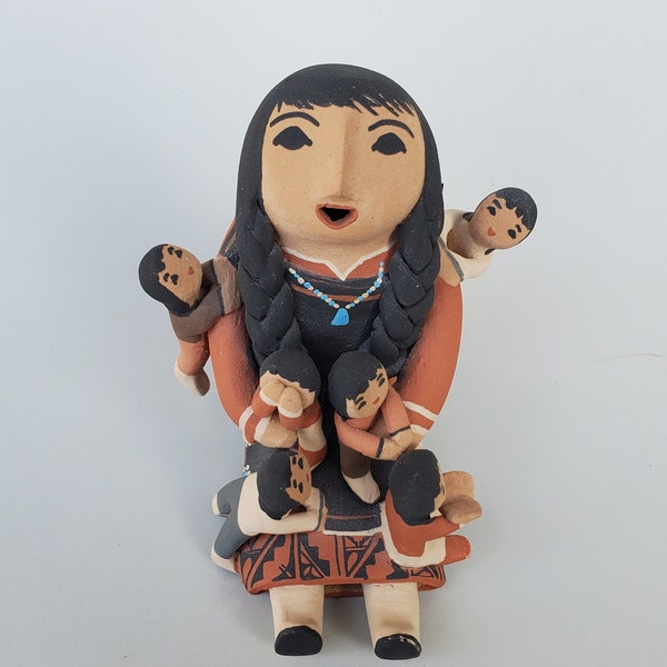 Jemez New Mexico Indian Storyteller Figure by Artist Loretta Seonia - 6 Children - Braided Hair - Painted Beaded Turquoise Necklace - 4.25"