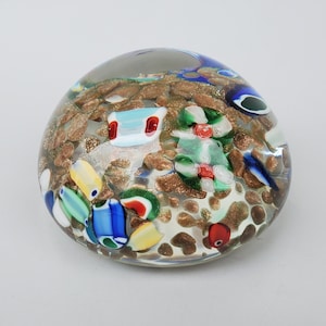 Italian Murano Glass Large Hand Blown Art Glass Paperweight - Colorful Tutti Fruiti Atop Gold Aventurine - Old Murano Italy Foil Sticker 4&quot;
