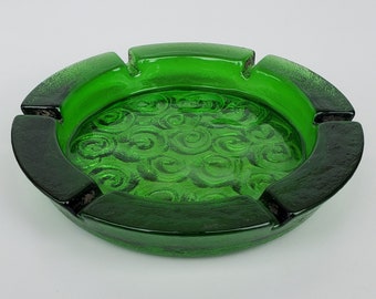 Blenko Art Glass Mid Century Era Green Glass Ashtray - Thick Green Glass - MCM Swirl Design - 9.5"