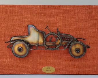 Mid Century Era Torch Cut Metal Wall Sculpture - 1911 Renault Motor Car - Orange Girard Fabric - Metal Wall Art Automobile Sculpture