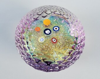 Glass Eye Studio Seattle Art Glass Diamond Pattern Ruby Gem Glass Paperweight - Purple With Gold Dichronic Center + Millefiori Beads - 1999