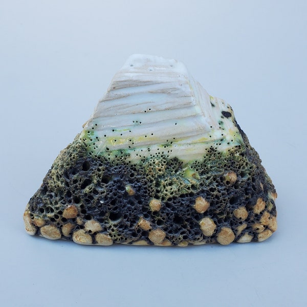 Svetland Matusa Lana Lava Rock Island Sculpture - White Glazed Pyramidal Rock Island - Lava Rock Cobblestone Details - Iceland Artist - 5.5"