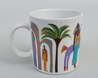 Laurel Burch Morning At the Oasis Coffee Mug - Abstract Colorful Horse Palm Tree Tropical Design - Gold Highlights - 16 Ounces - 1989