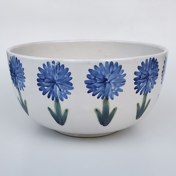 Louisville Stoneware HUGE Round Serving Dough Bowl - Blue Bachelor Button or Cornflower Blossom Design With Green Stems - 14 Quarts - 14"